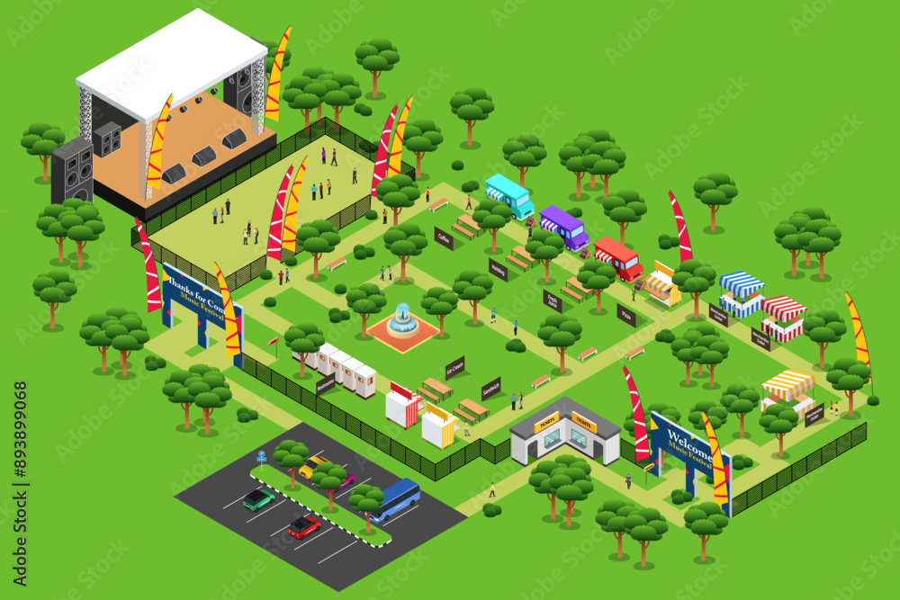 Concert Music Festival Summer Isometric Map in a Park Vector Illustration Concert Music Festival Summer Isometric Map in a Park Vector Illustration