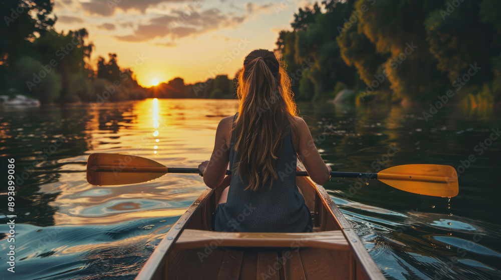 Fototapeta premium Indulge in a tranquil sunset kayaking experience on a serene river