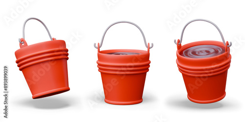 Metal red bucket with water in different positions. Set of vector elements on white background