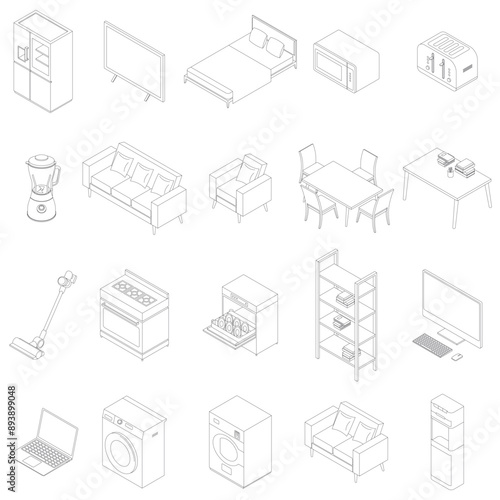 Isometric Everyday Household Items Outline Vector Illustration