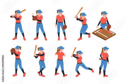 Softball Woman Player Isometric Poses IconsVector Illustration