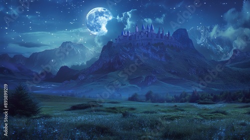 A grand castle sits on a hilltop, illuminated under a star-studded night sky with a bright full moon, surrounded by mountains and a serene, grassy landscape. photo