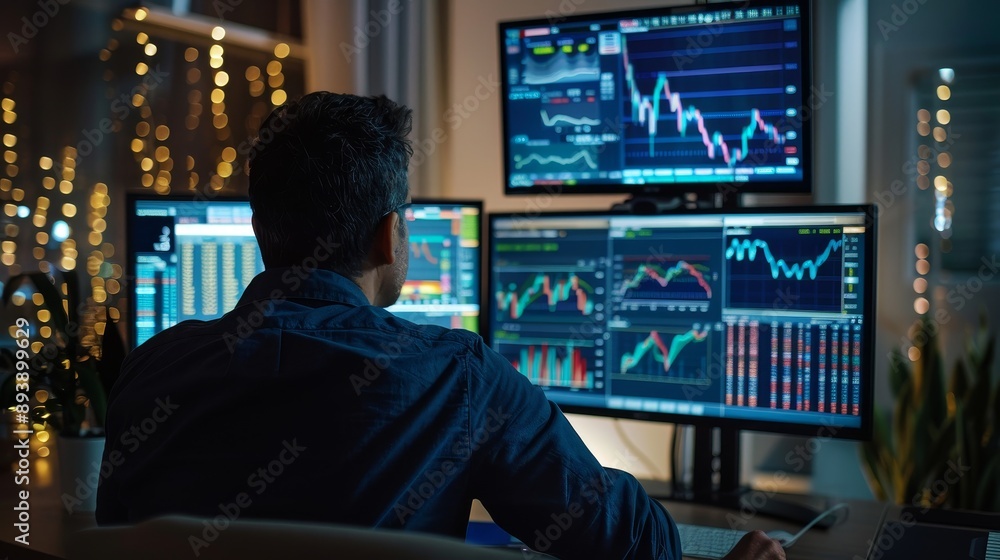 A man is sitting in front of multiple computer monitors, analyzing stock market charts. The image symbolizes financial analysis, data visualization, investment, technology, and success. - A man is sit A man is sitting in front of multiple computer monitors, analyzing stock market charts. The image symbolizes financial analysis, data visualization, investment, technology, and success. - A man is sit