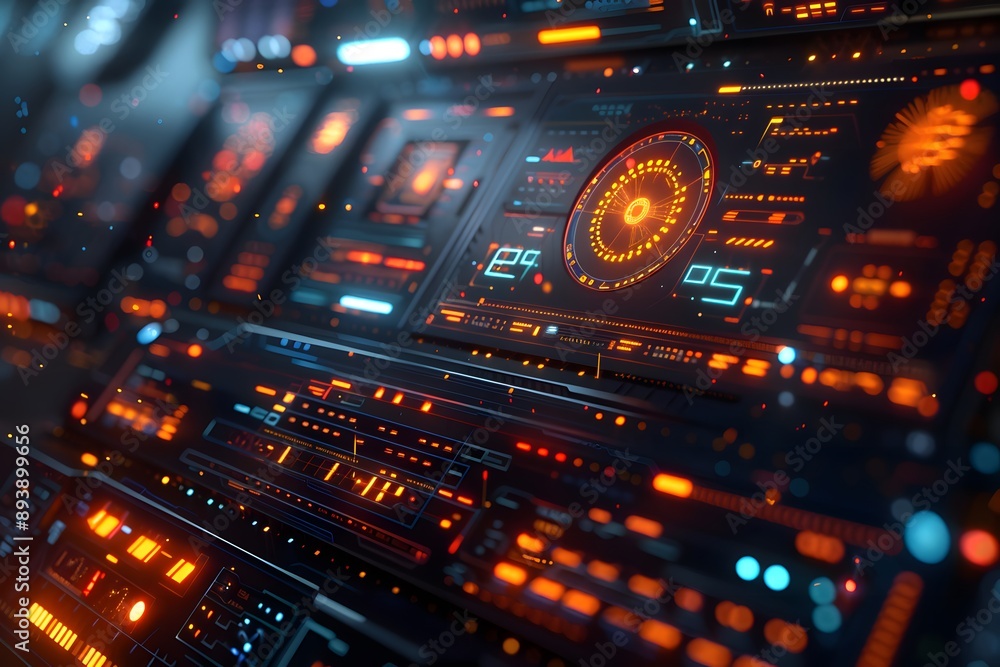 Futuristic Control Panel with Glowing Interfaces and Data Displays Futuristic Control Panel with Glowing Interfaces and Data Displays
