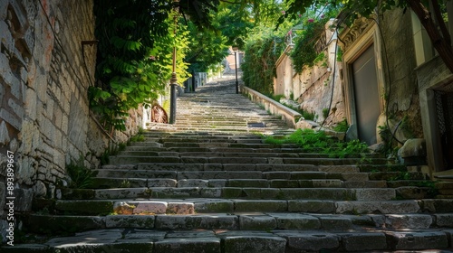 A stone staircase leading upwards in a European city, with a stone wall on the left and a building on the right. The steps are covered in moss and the sun is shining through the trees. The image symbo