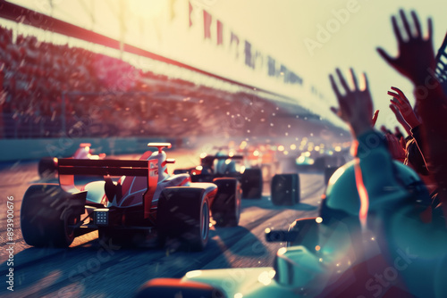 Formula One cars speed down a sunlit racetrack, stirring excitement among the cheering crowd and capturing the essence of high-paced, thrilling motorsport action. photo