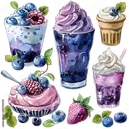 WATERCOLOR clipart white background Blueberry Granita, pies and pastries, fruits, whipped cream in the style of pink and green, sky-blue and aquamarine, birthday event.
