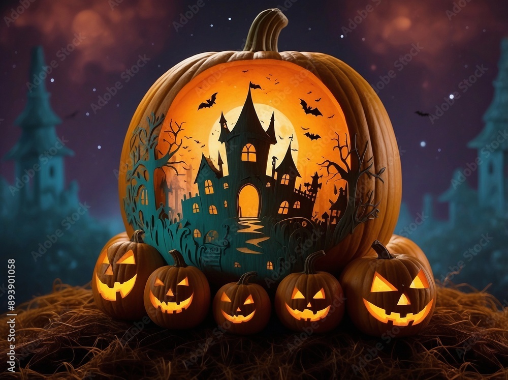a halloween pumpkin with a castle,bats and a fullmoon carved on it surrounded by other pumpkins and castles in the background a halloween pumpkin with a castle,bats and a fullmoon carved on it surrounded by other pumpkins and castles in the background