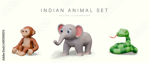 Set of isolated Indian animals in 3D style. Cheerful monkey, elephant, snake