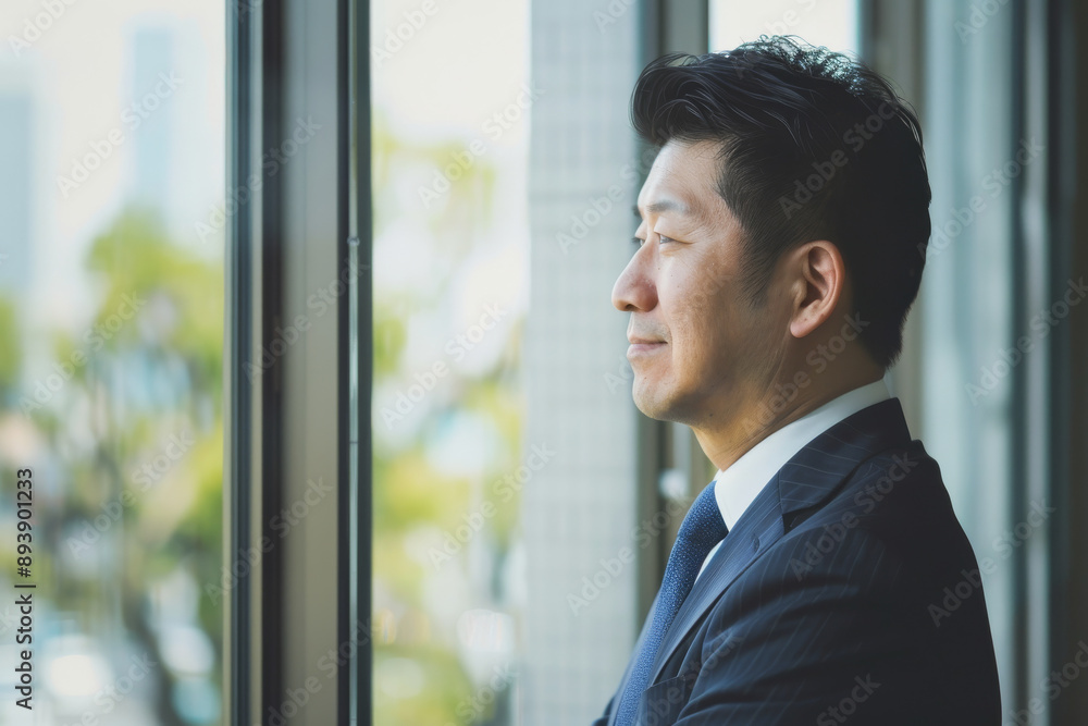 A business professional stands confidently looking out of a window, projecting calm determination. A business professional stands confidently looking out of a window, projecting calm determination.