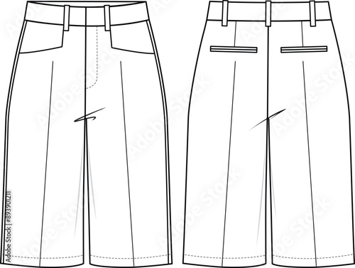 Women's High Waist Elegant Bermuda Shorts. Shorts technical fashion illustration. Flat apparel shorts template front and back, white color. Women's CAD mock-up.