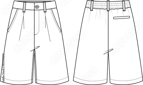 Women's Bermuda Shorts. Technical fashion illustration. Front and back, white color. Women's CAD mock-up.