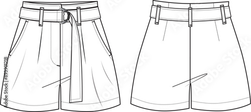 Women's Belted Shorts. Shorts technical fashion illustration with side pockets. Flat apparel shorts template front and back, white color. Women's CAD mock-up.