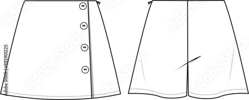 Women's A-Line, Button Front Mini Skort. Technical fashion illustration with side invisible zip. Front and back, white color. Women's CAD mock-up.