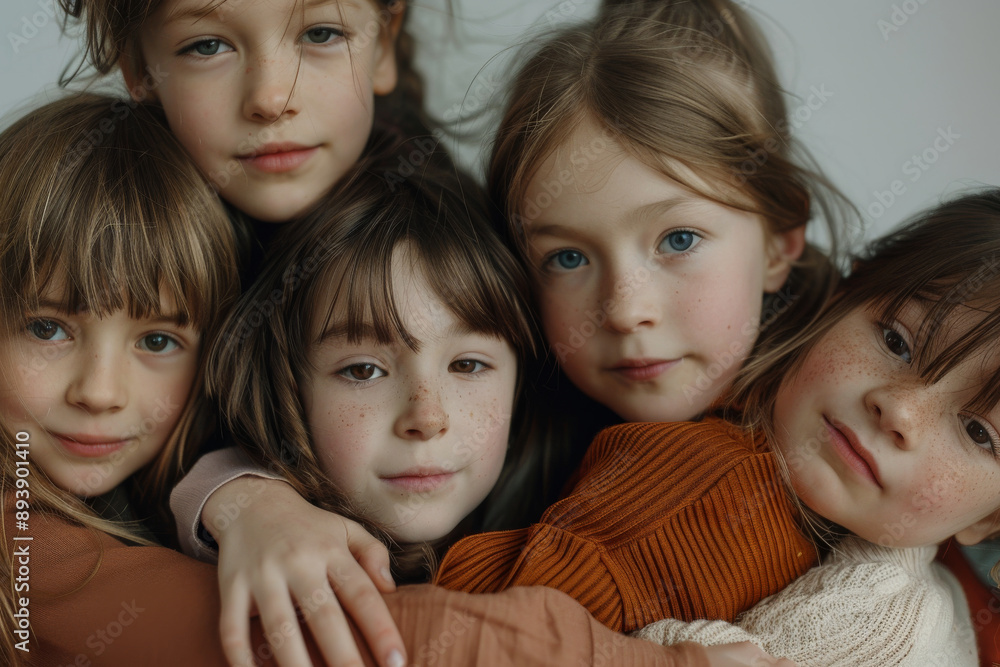 A heartwarming close-up of five young children with gentle smiles, showcasing a beautiful moment of childhood camaraderie and friendship. A heartwarming close-up of five young children with gentle smiles, showcasing a beautiful moment of childhood camaraderie and friendship.