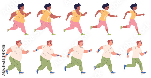 Obese people running. Overweight concept, obesity body transformations after run weight loss stage fat belly slim figure fit exercise training progress, classy vector illustration