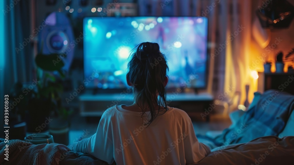 A woman is sitting on a couch, facing a television screen, with a soft blanket. She is relaxed, enjoying a movie or tv show. The scene symbolizes relaxation, entertainment, home comfort, nighttime, A woman is sitting on a couch, facing a television screen, with a soft blanket. She is relaxed, enjoying a movie or tv show. The scene symbolizes relaxation, entertainment, home comfort, nighttime,