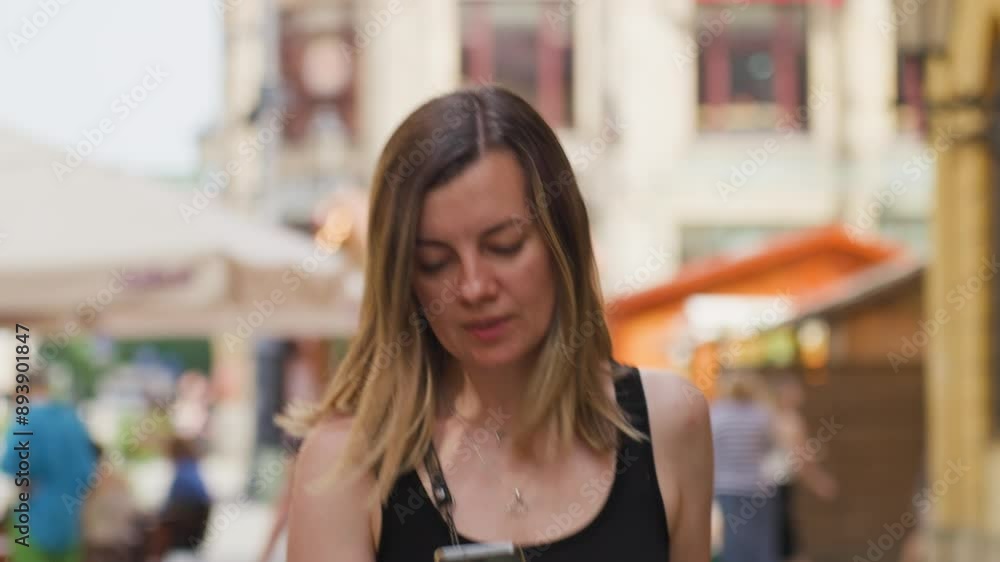 Woman engrossed in her smartphone while walking on bustling city street, surrounded by urban life. Female traveler using mobile phone in European city Woman engrossed in her smartphone while walking on bustling city street, surrounded by urban life. Female traveler using mobile phone in European city