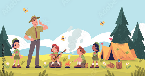 Scout mentor. Scouts kids team and mentors summer hiking adventure, tourists teachers learn make campfire outdoor cooking survival in forest trip cartoon classy vector illustration