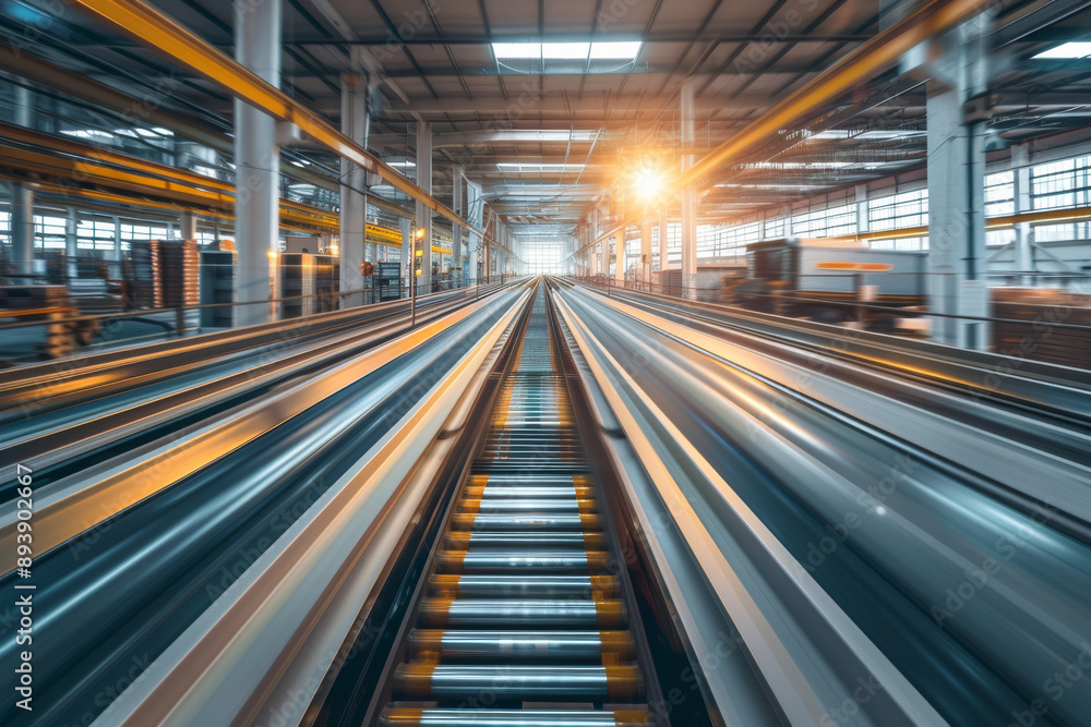 A dynamic, high-energy shot of an empty industrial conveyor belt in a warehouse, illuminated by vibrant lighting, hinting at rapid movement. A dynamic, high-energy shot of an empty industrial conveyor belt in a warehouse, illuminated by vibrant lighting, hinting at rapid movement.