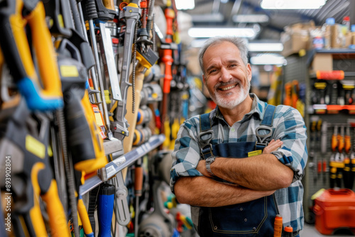 A cheerful older man in a workshop filled with tools, confidently showcasing his hands-on expertise and passion for his work. photo