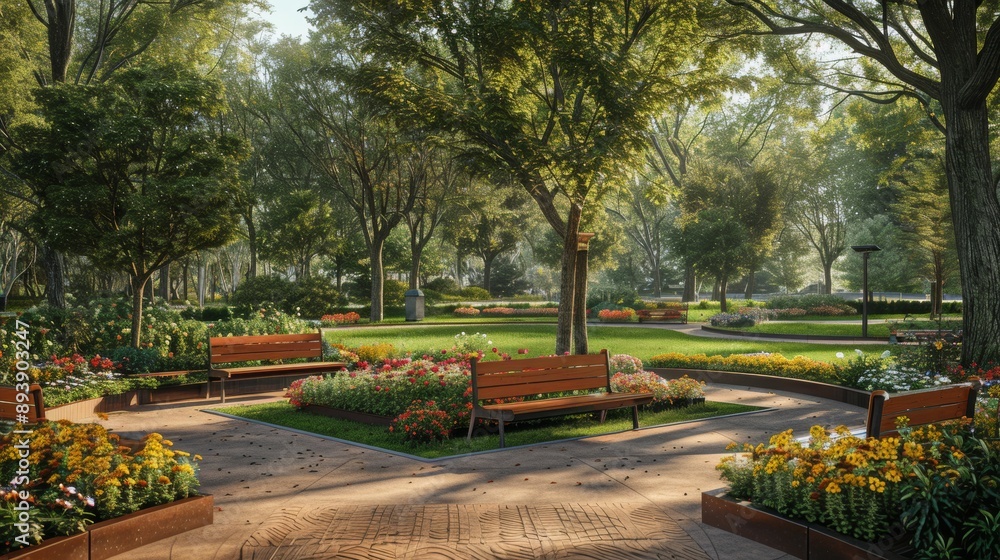 Obraz premium urban park with wooden benches and flower beds, ideal for a picnic and relaxation, showcasing green space design
