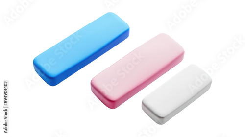 Collection Of Assorted Erasers White Pink And Blue For Stationery Ads And Promotions isolated on transparent background. Generative ai