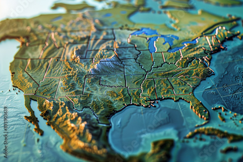 A beautifully illustrated topographic map of North America, highlighting elevations, state borders, and diverse terrain.
