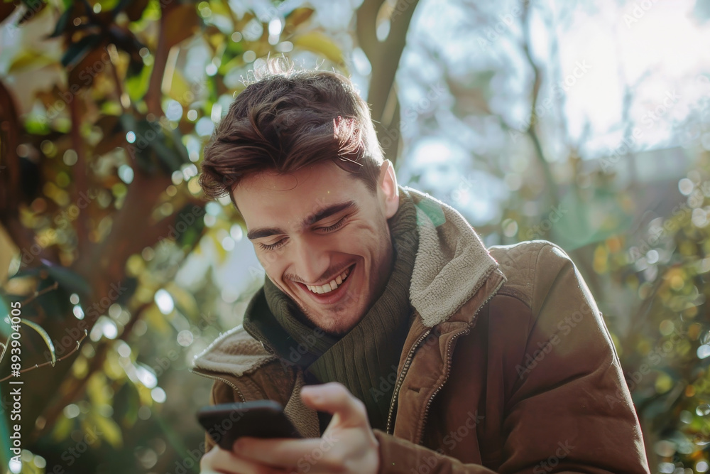 A young man in a brown jacket and green sweater laughs heartily while looking at his phone, surrounded by lush green foliage and bright sunlight. A young man in a brown jacket and green sweater laughs heartily while looking at his phone, surrounded by lush green foliage and bright sunlight.