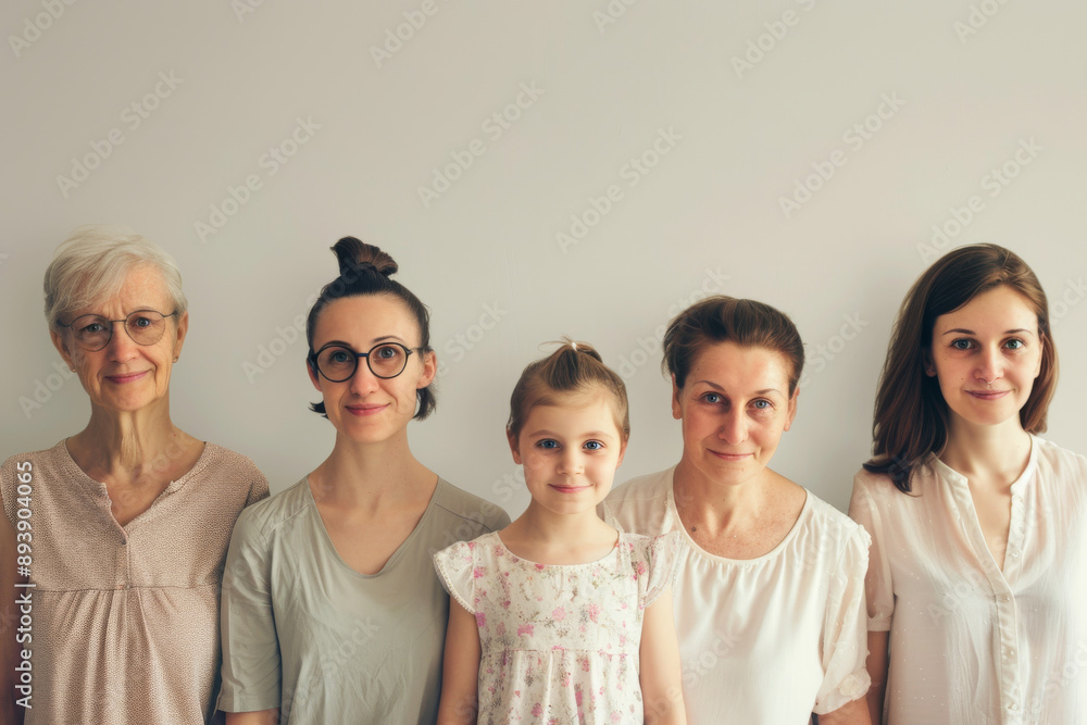 A harmonious portrait of five women from different generations, standing side by side against a neutral background, radiating familial unity and warmth. A harmonious portrait of five women from different generations, standing side by side against a neutral background, radiating familial unity and warmth.