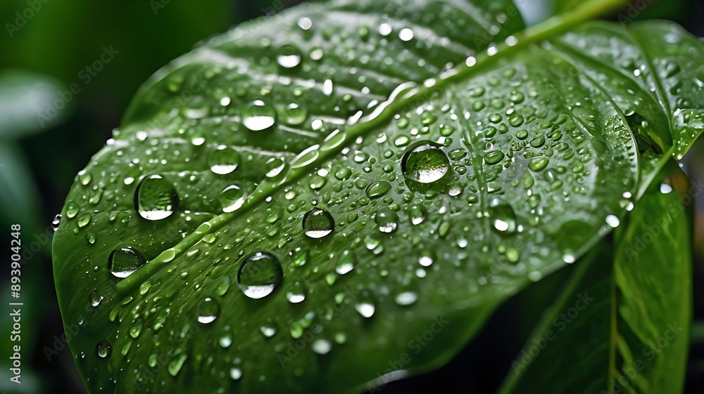 Detailed Close-Up of Morning Dew Drops on a Vibrant Tropical Leaf Detailed Close-Up of Morning Dew Drops on a Vibrant Tropical Leaf
