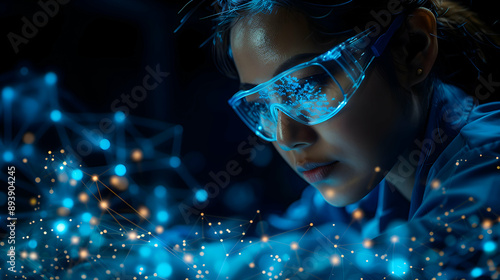 A scientist analyzing complex biological data using Bioinformatics in a futuristic lab