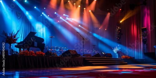 High-Level Conferences exclusive business conference with high-profile speakers on stage, sophisticated lighting setup, 