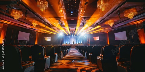 High-Level Conferences exclusive business conference with high-profile speakers on stage, sophisticated lighting setup, 