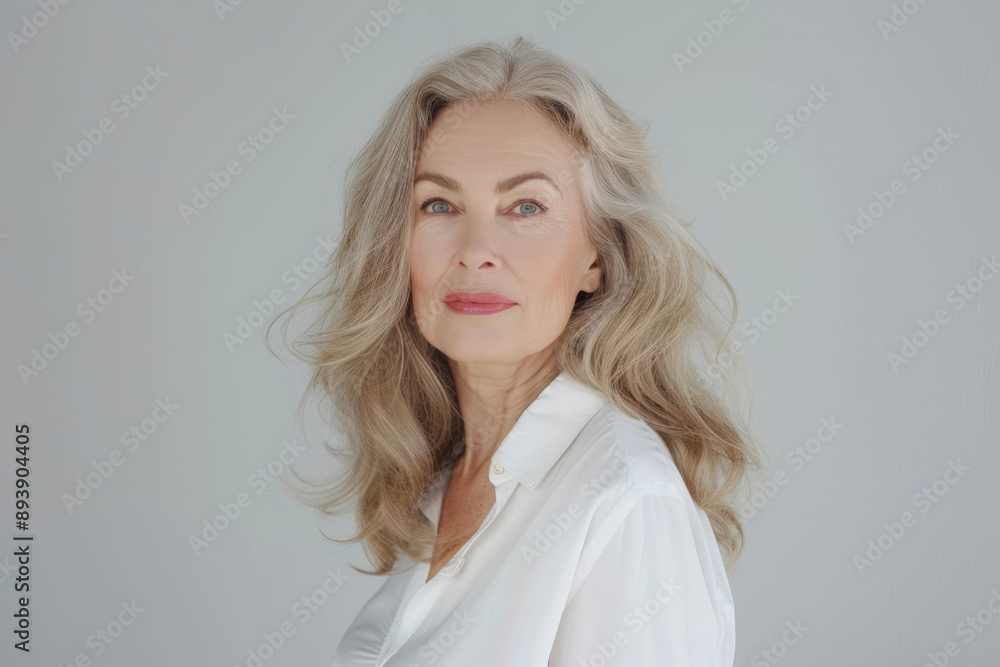 Fototapeta premium An elegant older woman with flowing gray hair and a gentle smile poses gracefully against a light, neutral background, emanating confidence and beauty.