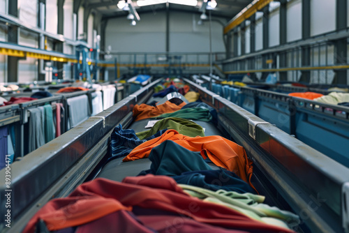 Wallpaper Mural A conveyor belt carries a range of colorful fabrics within an industrial setting, showcasing textile sorting or recycling processes. Torontodigital.ca