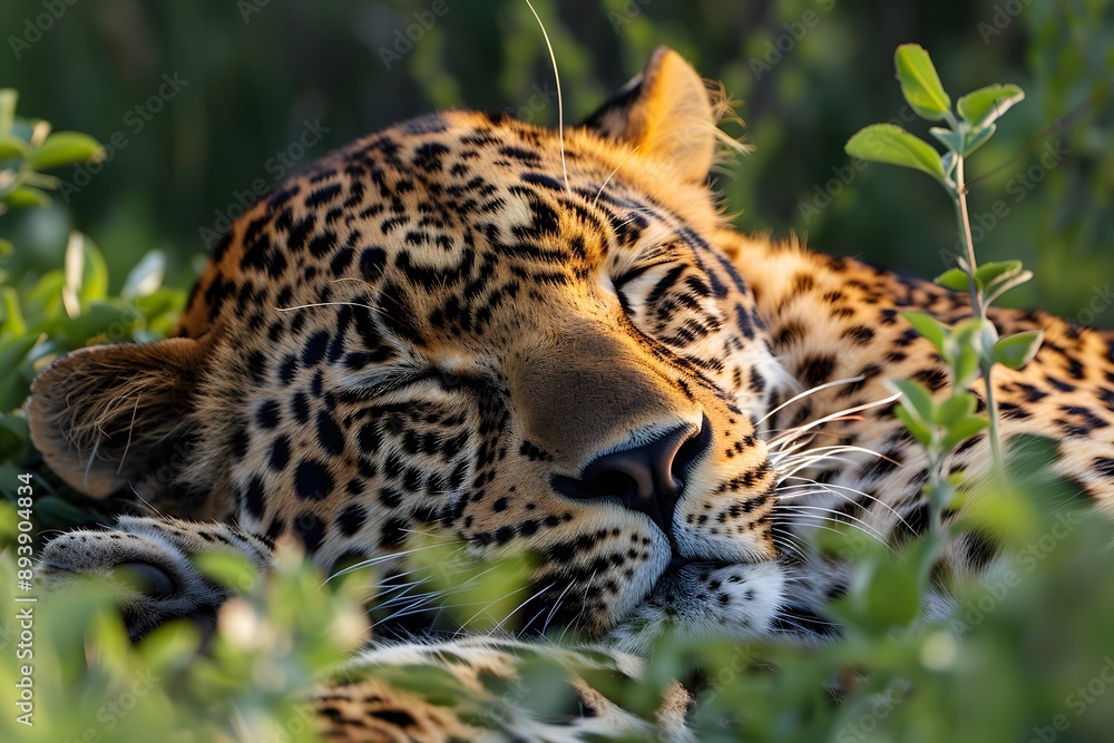 Majestic Leopard Resting Peacefully Among Greenery Majestic Leopard Resting Peacefully Among Greenery