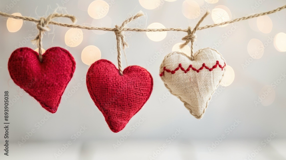 Hearts displayed on a string against a light background Hearts displayed on a string against a light background