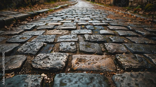 A wet cobblestone street glistening under the moody evening light; the wet stones reflect a sense of nostalgia, history, and mystery perfect for a contemplative walk.