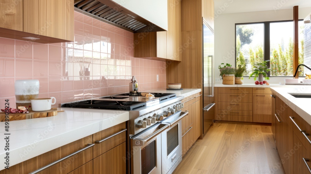 A modern kitchen with stainless steel appliances light wood cabinets and a marble countertop A modern kitchen with stainless steel appliances light wood cabinets and a marble countertop