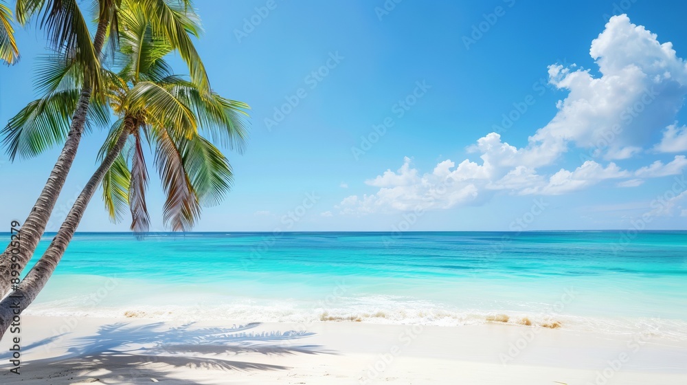 Fototapeta premium A tranquil beach setting displaying gently swaying palm trees, inviting turquoise water, and soft white sand basked in sunlight under a bright blue sky with scattered clouds.