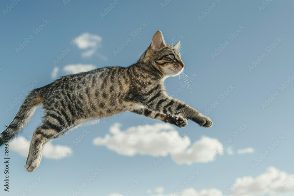 A tabby cat exhibiting an extraordinary leap against a picturesque blue sky, its paws outstretched in mid-air. A tabby cat exhibiting an extraordinary leap against a picturesque blue sky, its paws outstretched in mid-air.