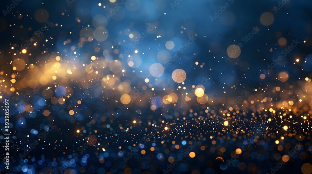 A vibrant, shimmering background of blue and gold bokeh lights creates a dreamy and festive atmosphere suitable for celebrations and artistic projects. A vibrant, shimmering background of blue and gold bokeh lights creates a dreamy and festive atmosphere suitable for celebrations and artistic projects.