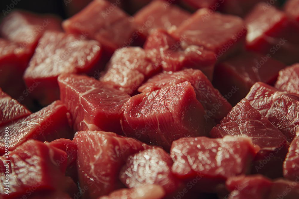 Raw beef cubes in vibrant red, neatly arranged, highlighting their fresh, marbled texture ready for culinary creation. Raw beef cubes in vibrant red, neatly arranged, highlighting their fresh, marbled texture ready for culinary creation.