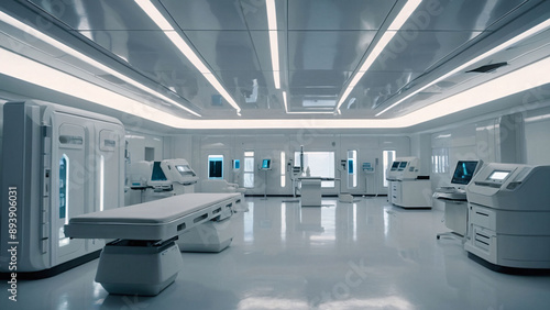 Futuristic white laboratory or medical clinic interior without people. Illustration
