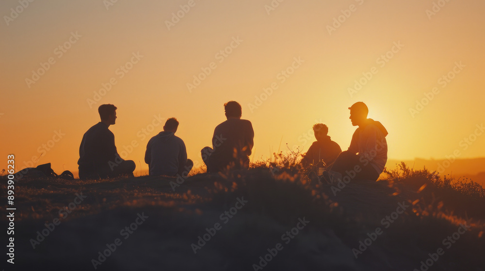 Fototapeta premium Silhouette of 5 young boys speaking in a top of mountain enjoying the view of nature
