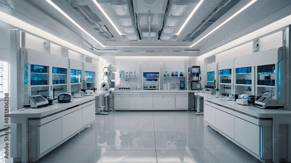 Naklejka premium Futuristic white laboratory or medical clinic interior without people. Illustration