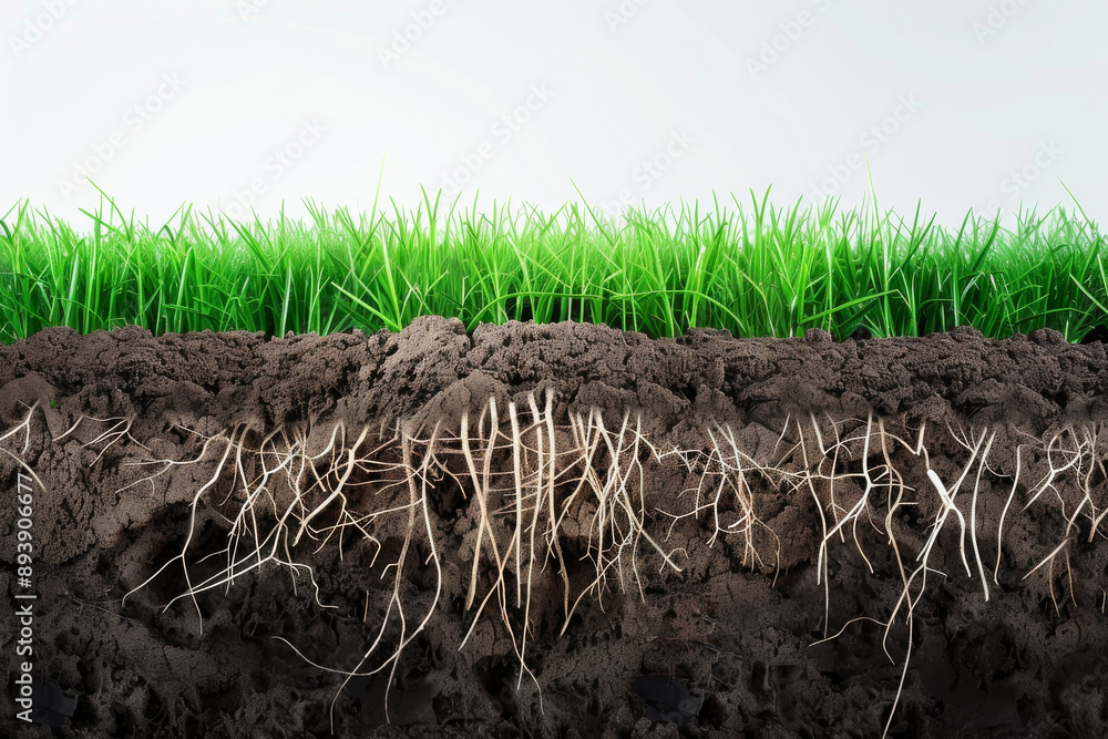 Fototapeta premium A cross-sectional view of the earth shows lush green grass above with intricate roots spreading through rich, dark soil below.
