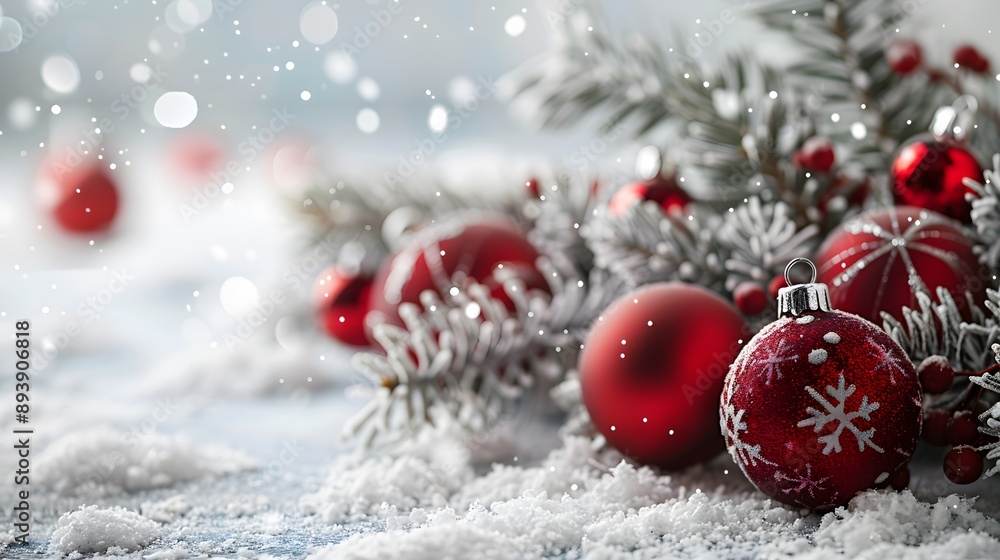 A beautifully arranged festive scene featuring red Christmas ornaments nestled among frosted pine branches and soft snow, perfect for holiday themes. A beautifully arranged festive scene featuring red Christmas ornaments nestled among frosted pine branches and soft snow, perfect for holiday themes.