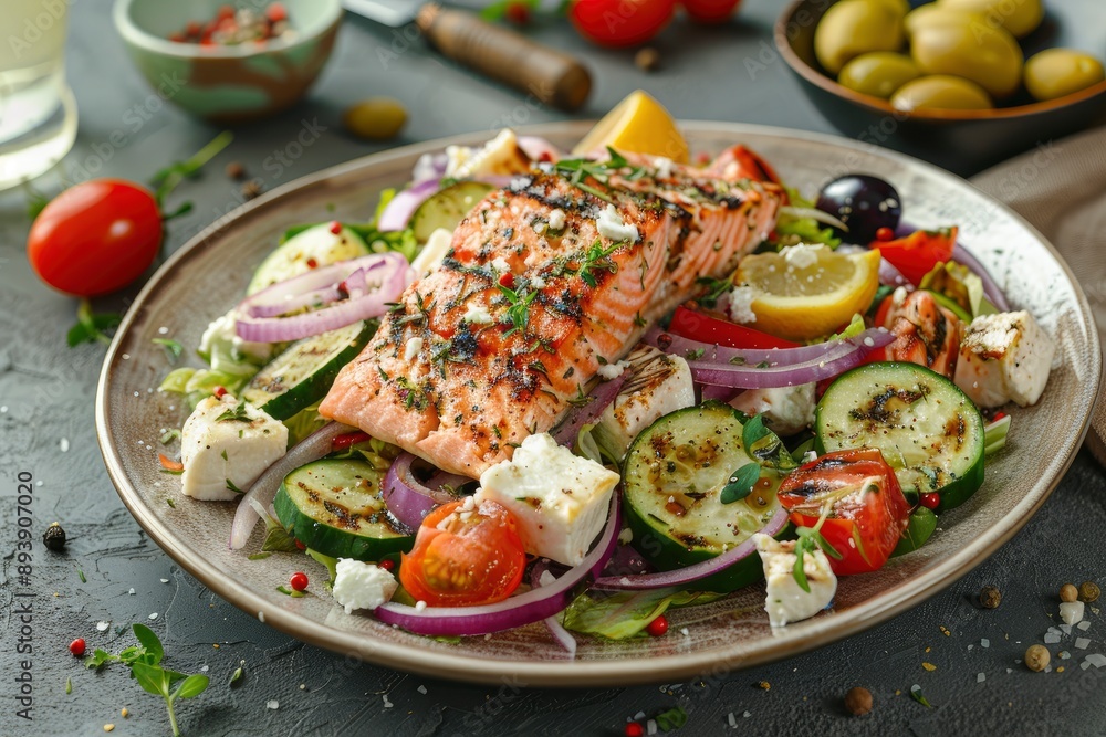 Greek salad with grilled salmon fish. Traditional mediterranean cuisine. Healthy food, diet - generative ai Greek salad with grilled salmon fish. Traditional mediterranean cuisine. Healthy food, diet - generative ai